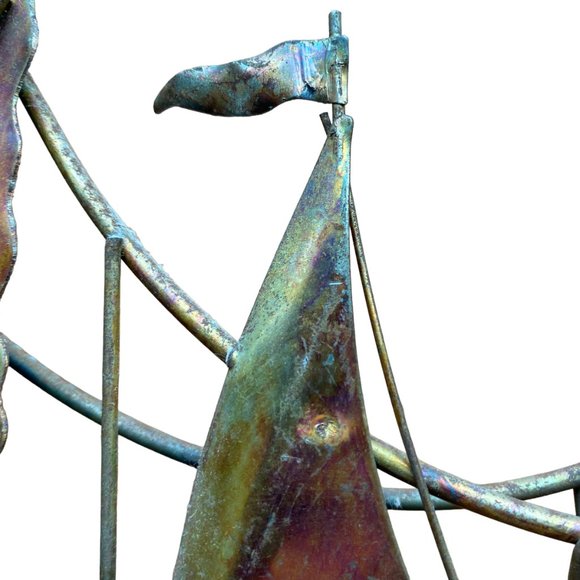 Vintage Mid Century Copper Metal Brutalist Style Wall Hanging Sailboats Bridge - Picture 10 of 16